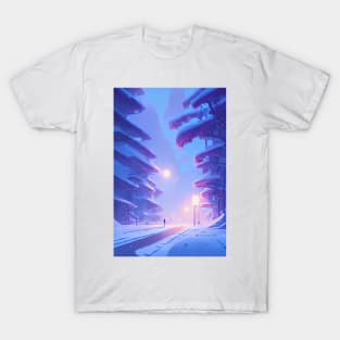 Anime Snowy Street Lights Christmas Landscape T-Shirt